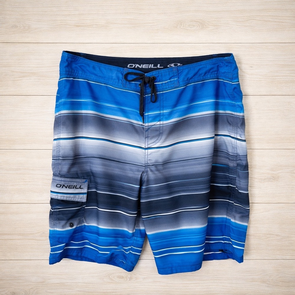 Oneill Cooper Surf Swim Board shorts Blue Gray Striped Size 34